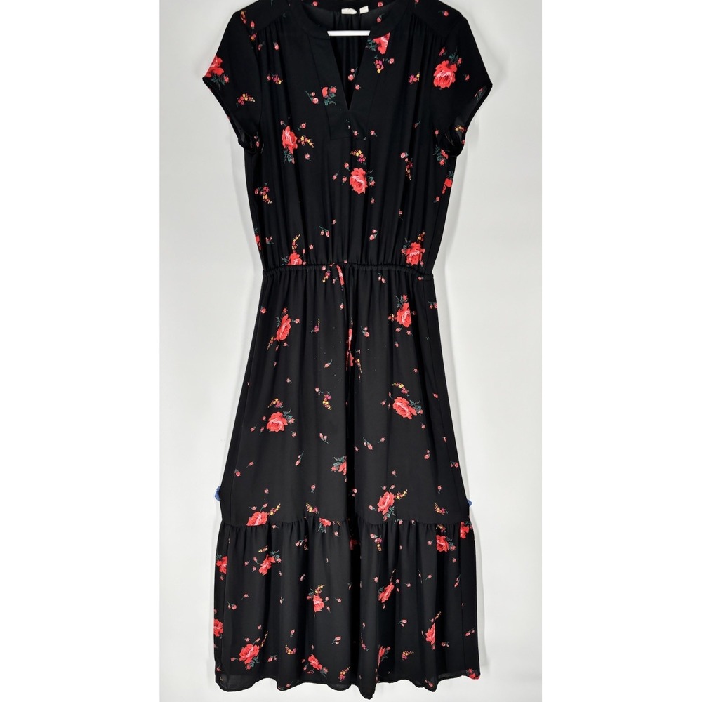 Gap Womens Floral Tiered Maxi Dress Sz Tall S Black Dark Romantic Flowy Boho
